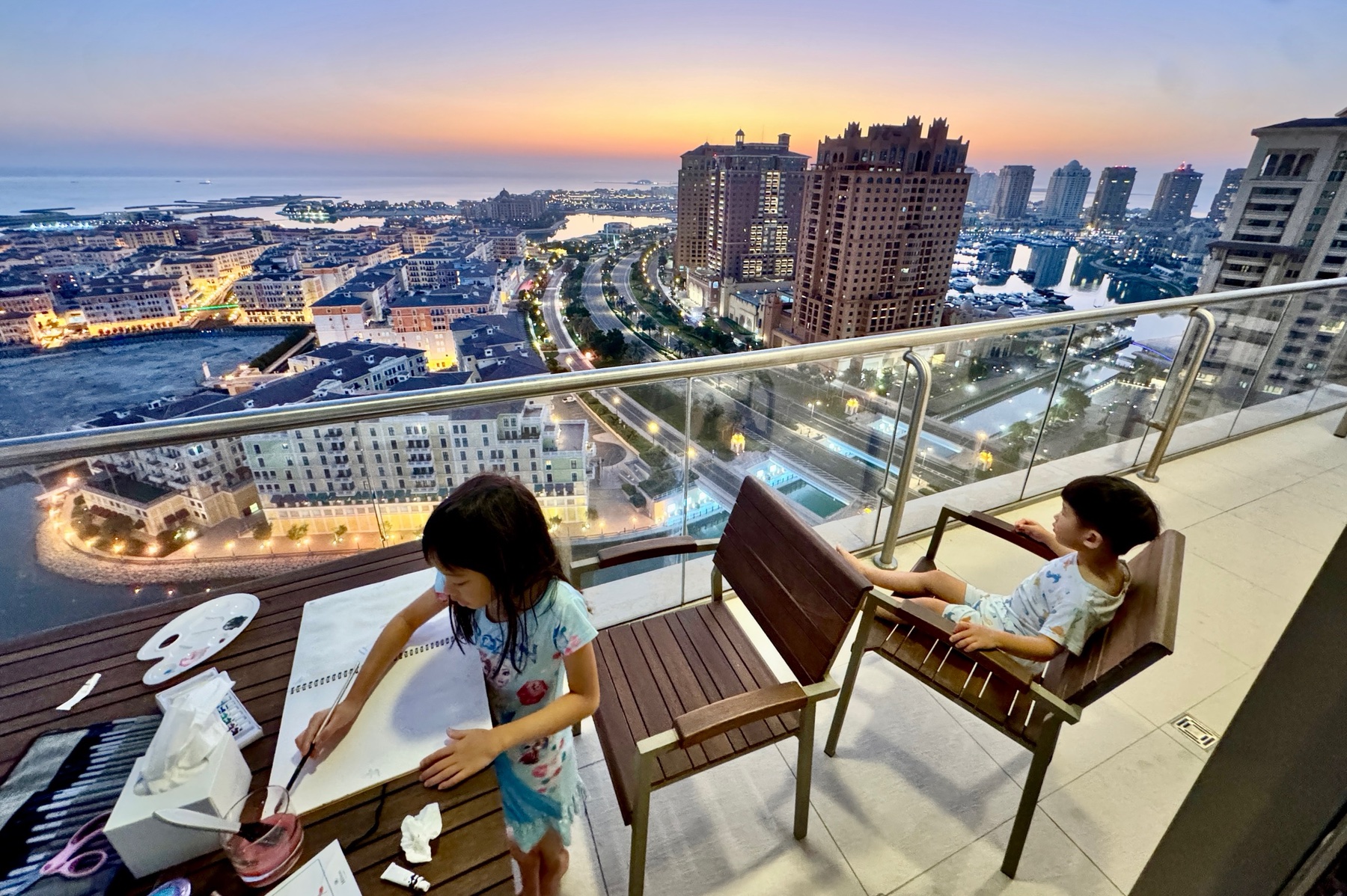 The family awake early in Doha