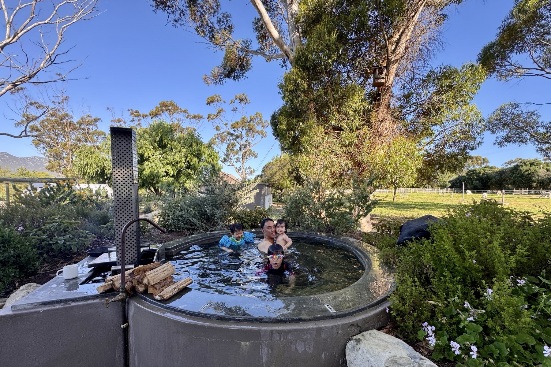 The children in a hot tub on the Cape Whale Coast