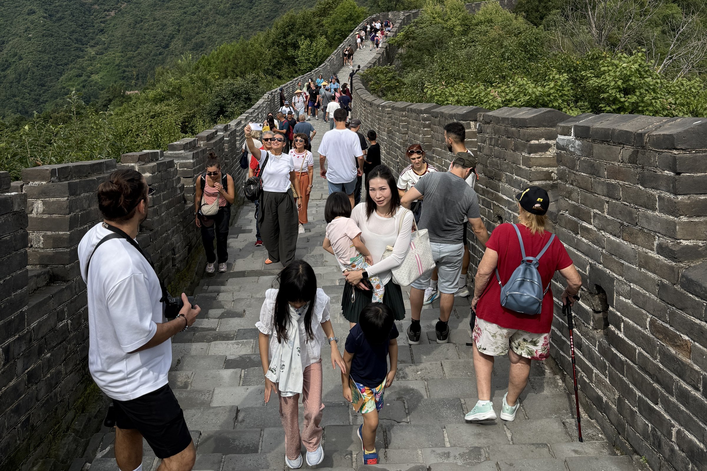 The family among the crowds on the Great Wall at Mutianyu