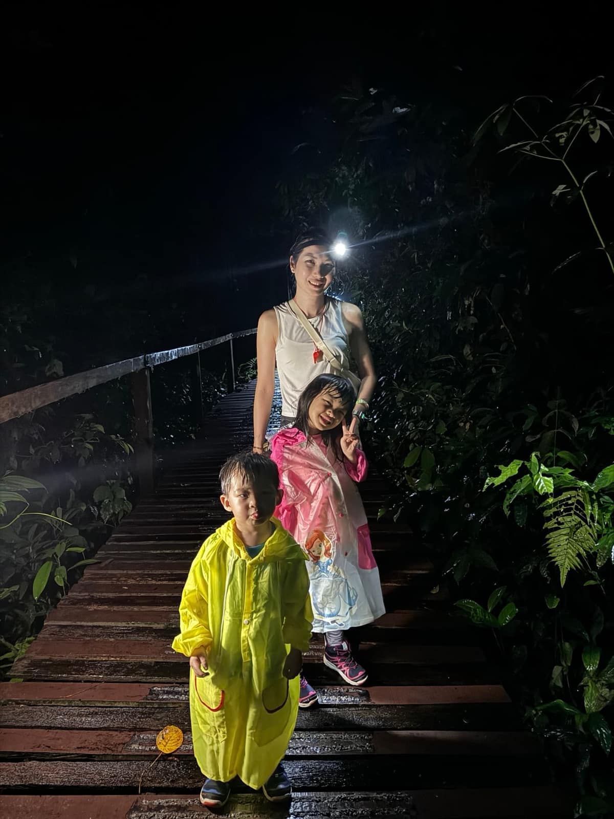 Vanessa, Sophie and George returning along the wet boardwalk after dark