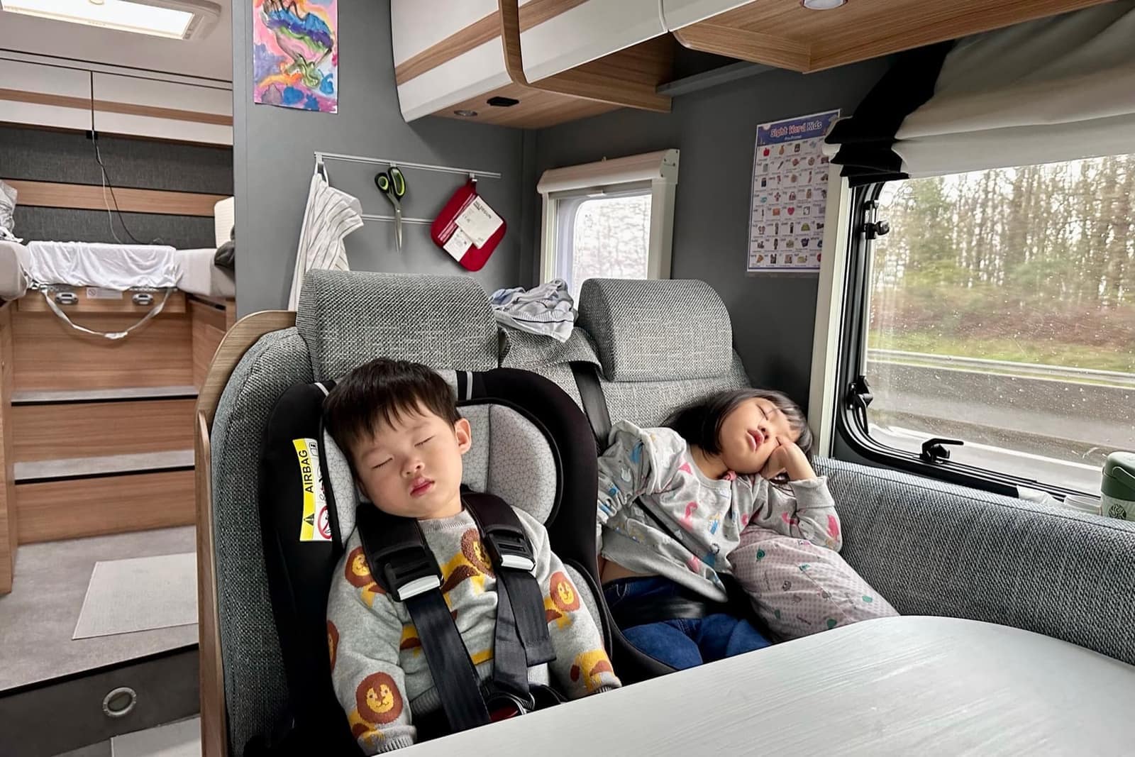 The children sleeping inside the motorhome
