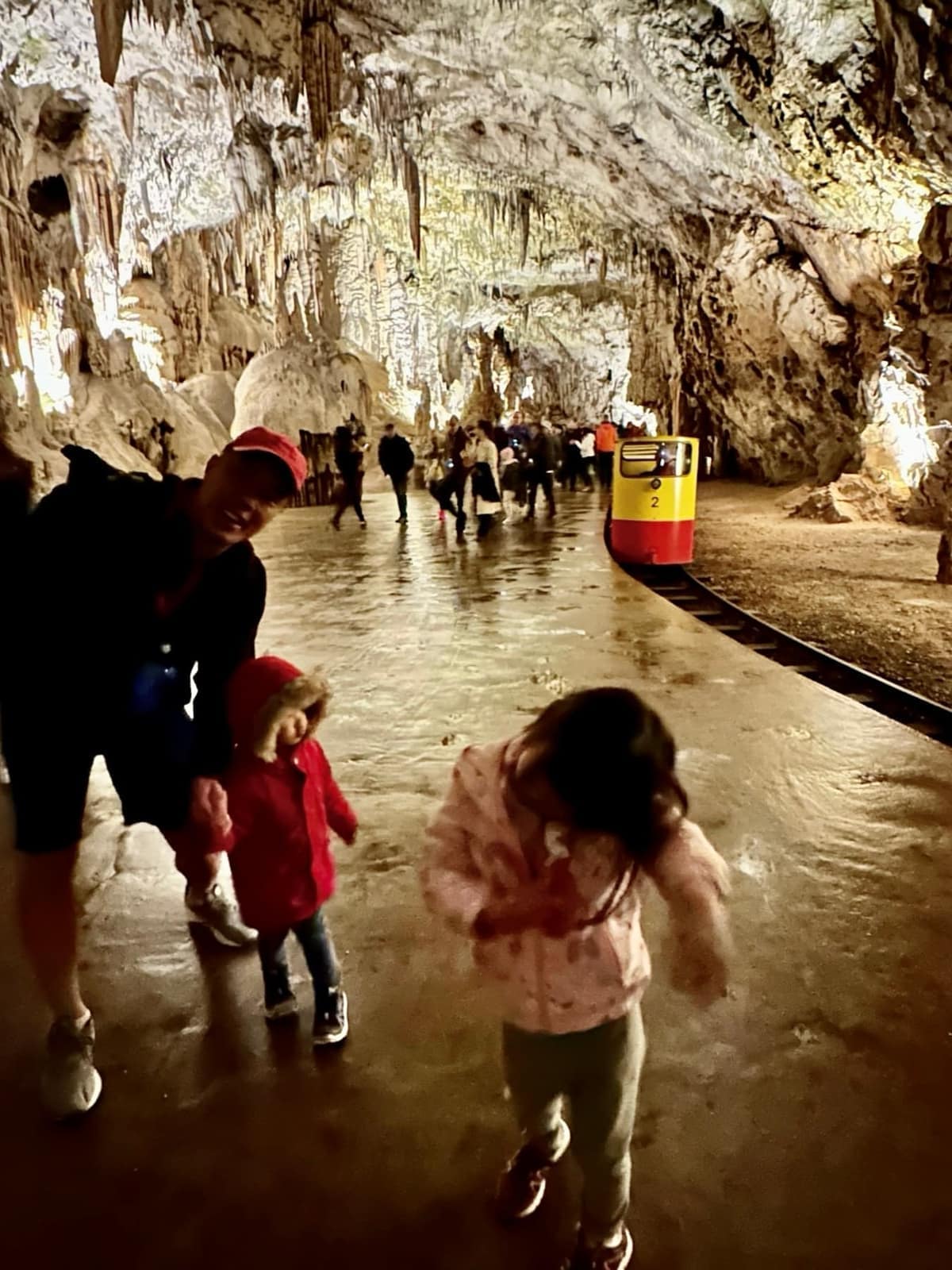 The family beside the cave train in Slovenia