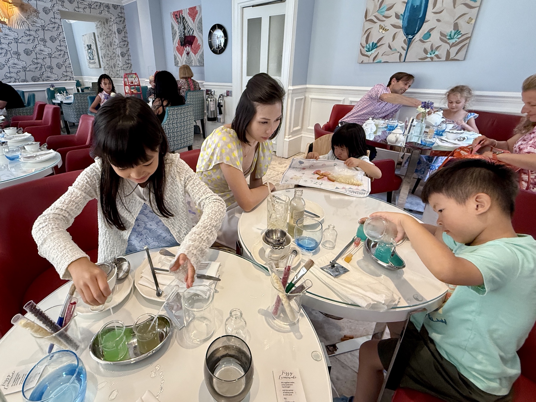 The family having a science-themed afternoon tea in London