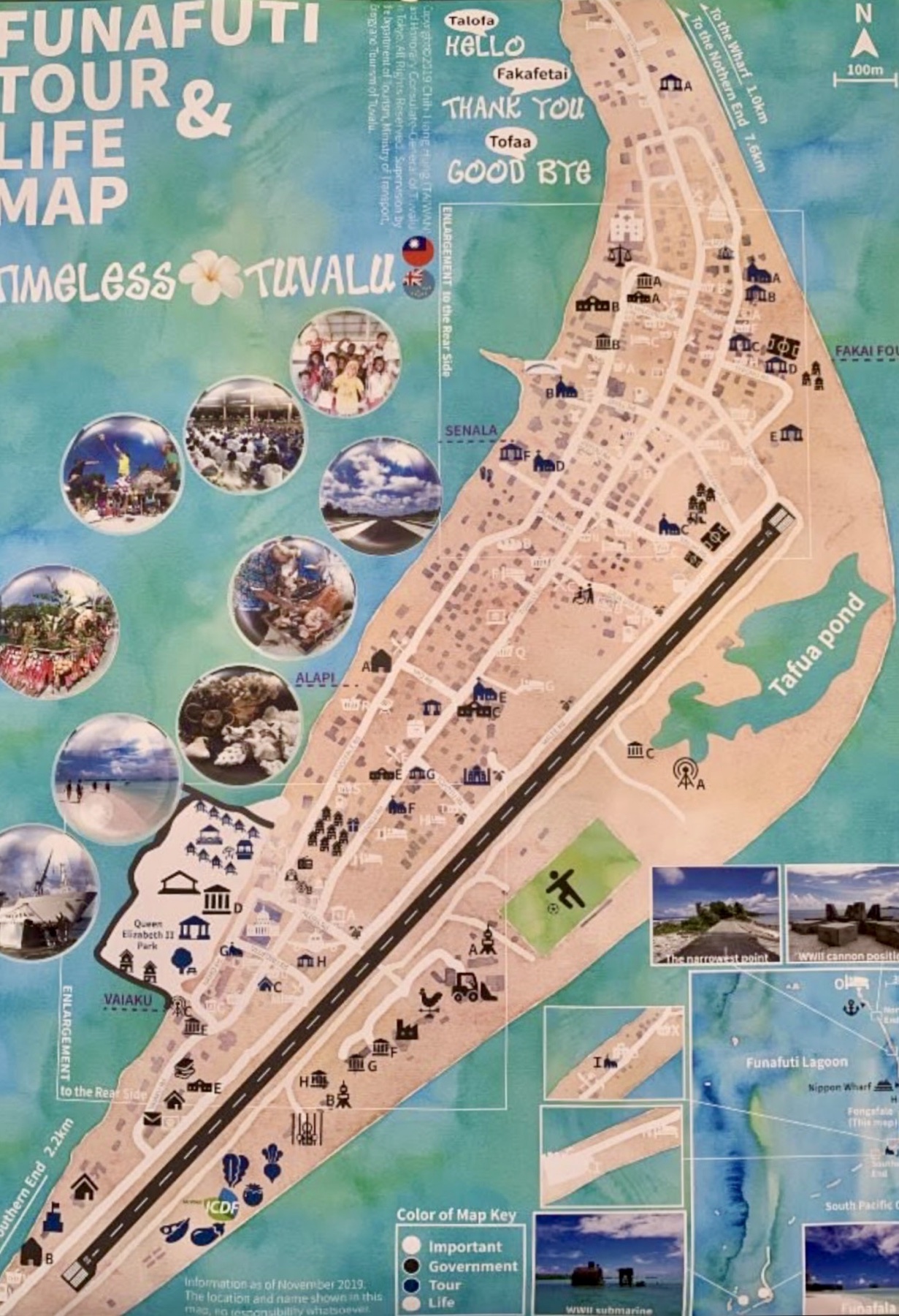 Map showing the narrow shape of Fongafale, Tuvalu