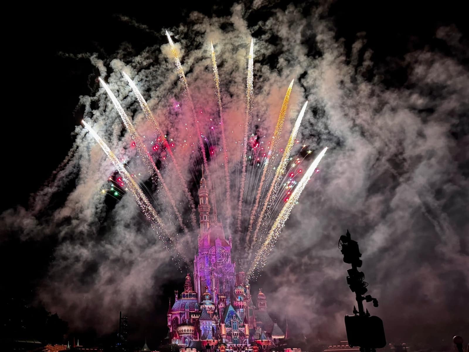 Fireworks above the castle at Hong Kong Disneyland
