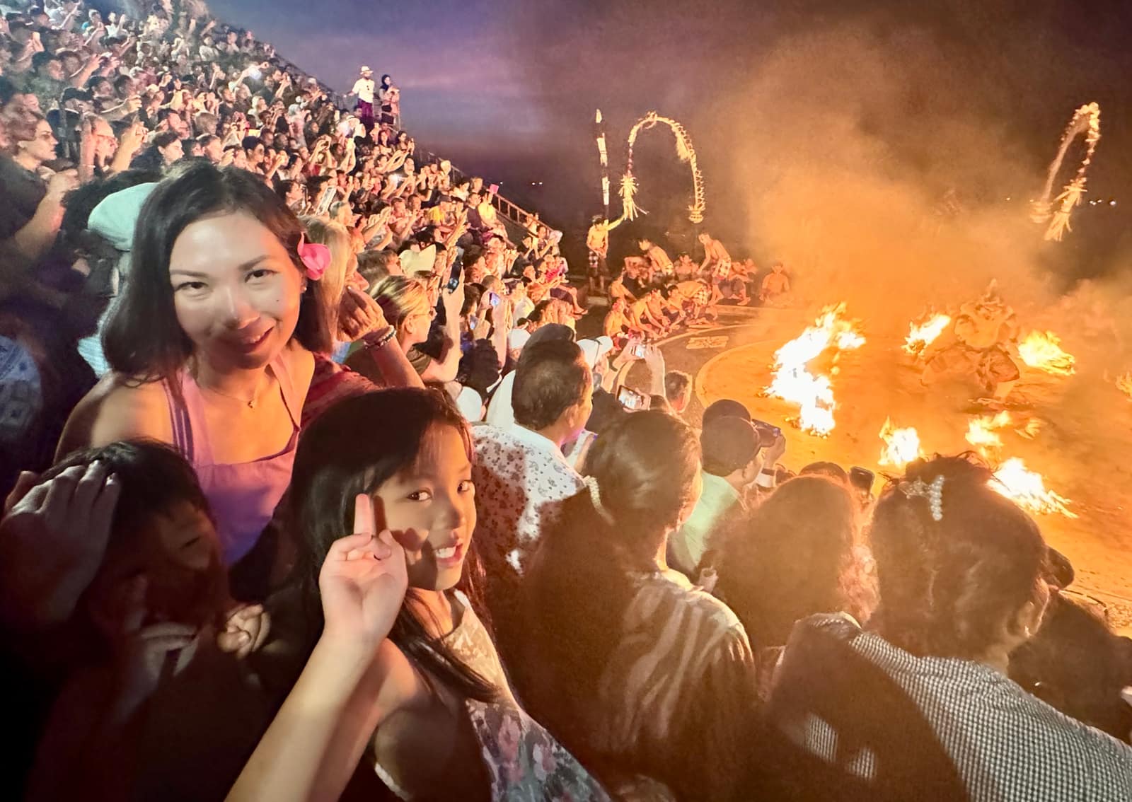 Vanessa and Sophie watching the Kecak fire performance at Uluwatu