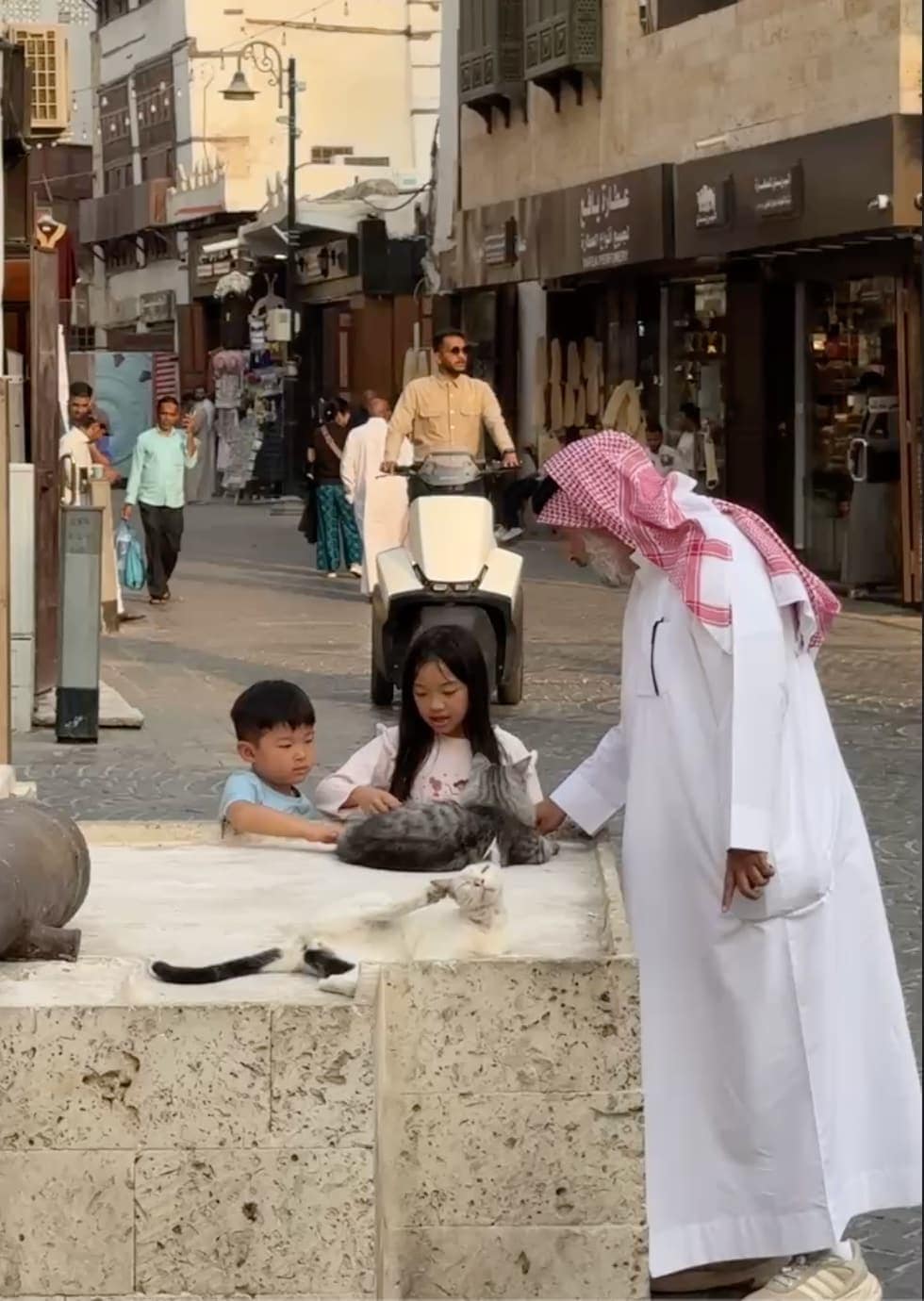 Sophie and George petting street cats with a local man in Al-Balad