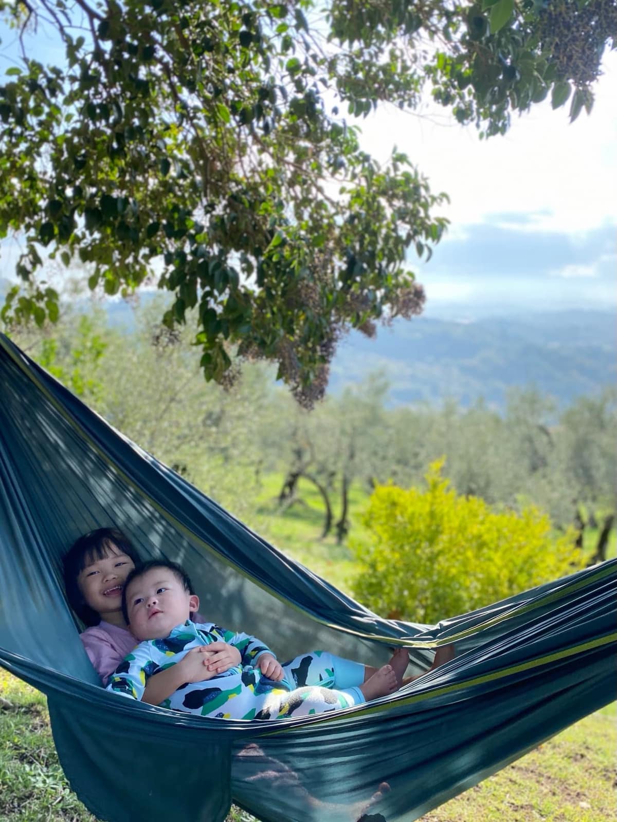 The children relaxing in a hammock at the farm