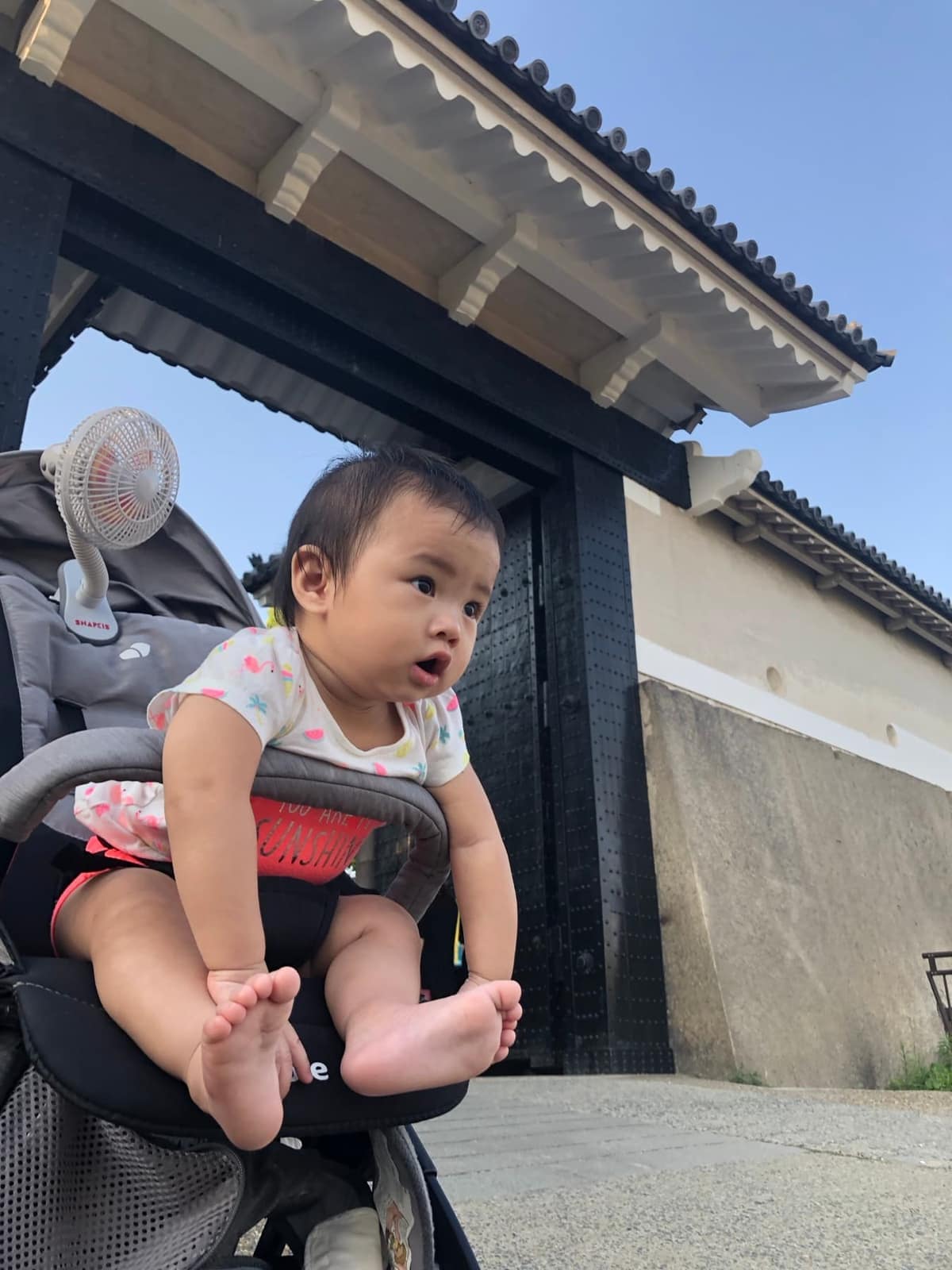 Sophie in her stroller at one of the gates of Osaka Castle