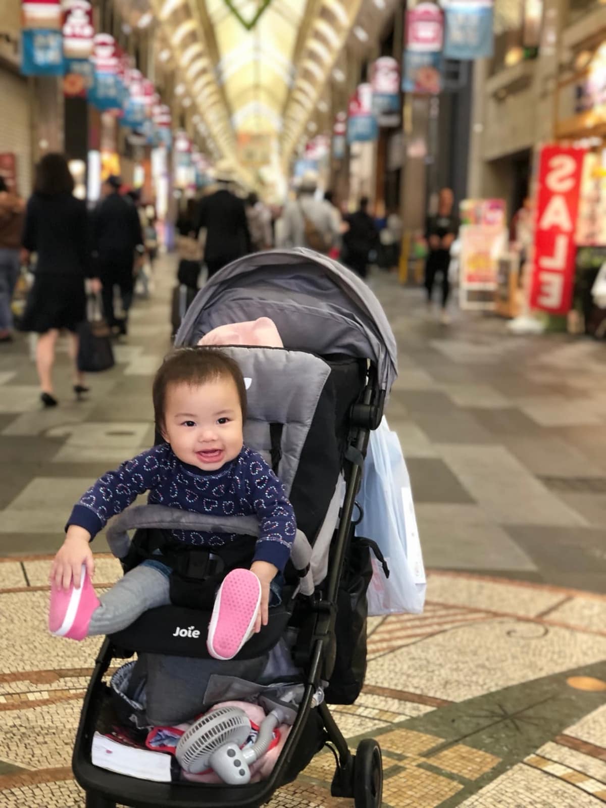 Sophie riding in her stroller along Shinkyogoku shopping street