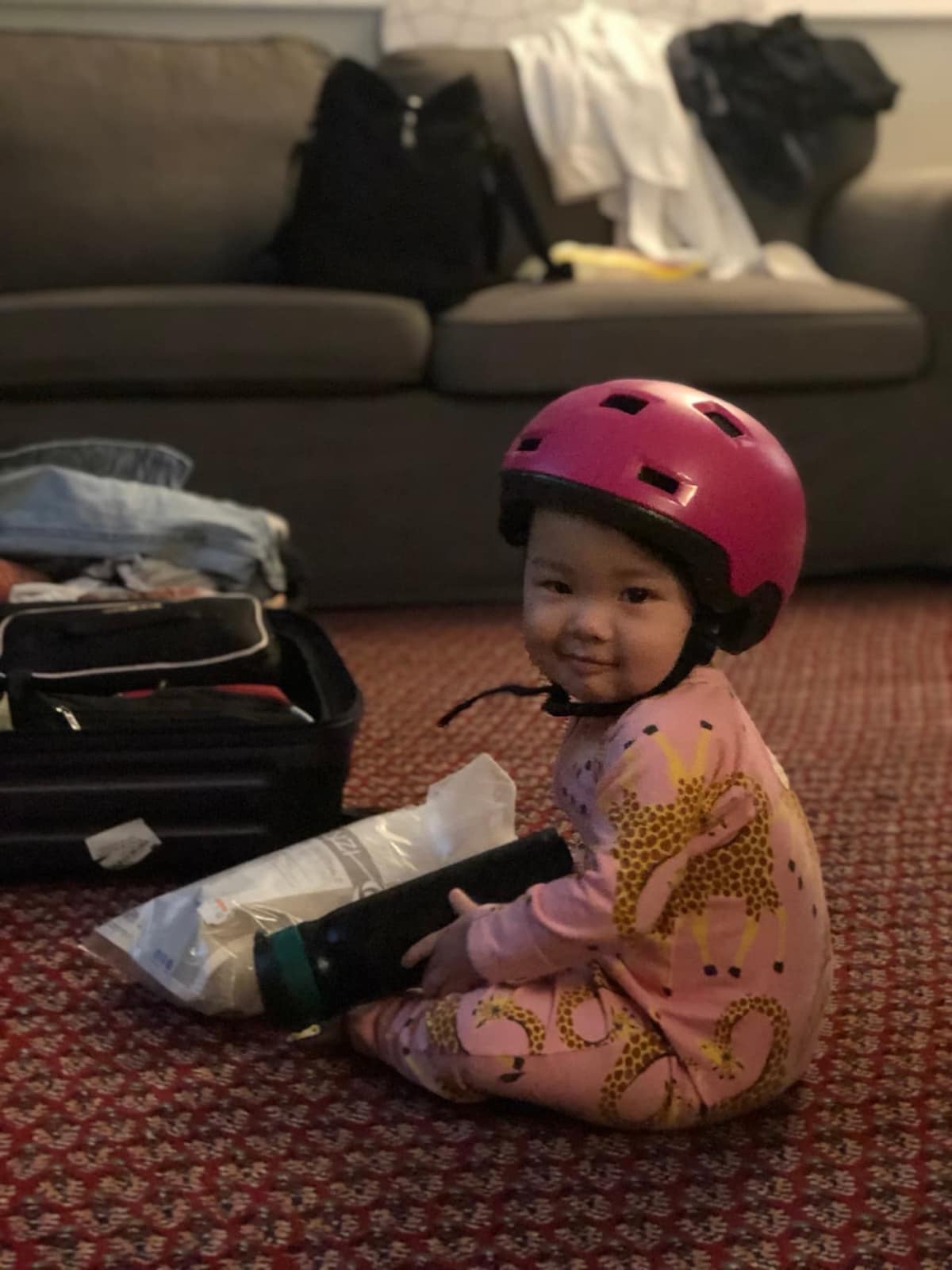 Sophie wearing a helmet indoors in Rome