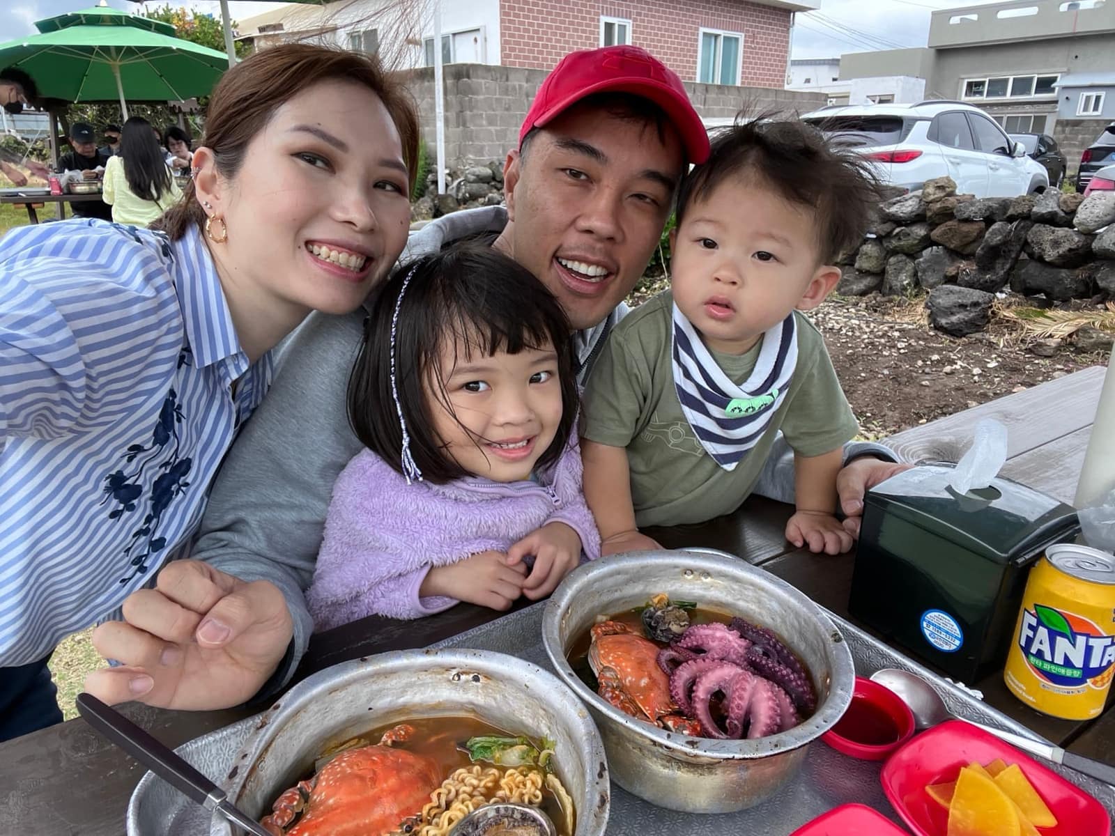 Family meal of seafood ramyeon on Jeju